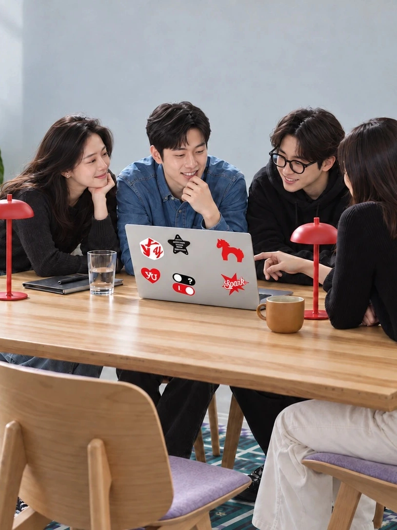 유어유니콘 스티커 노트북 앞에 모여 이야기하는 팀